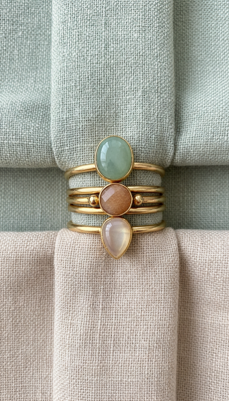 Golden Ochre stacking rings set with healing stones