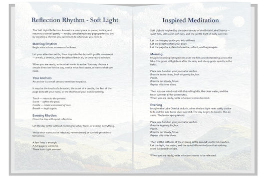Sapphire Willow Soft Light reflection journal with countryside imagery. 48 pages for gentle journaling, reflection, and gratitude.