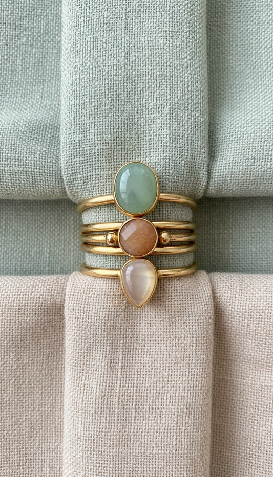 Golden Ochre stacking rings set with healing stones