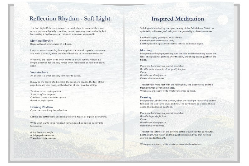 Sapphire Willow Soft Light reflection journal with countryside imagery. 48 pages for gentle journaling, reflection, and gratitude.