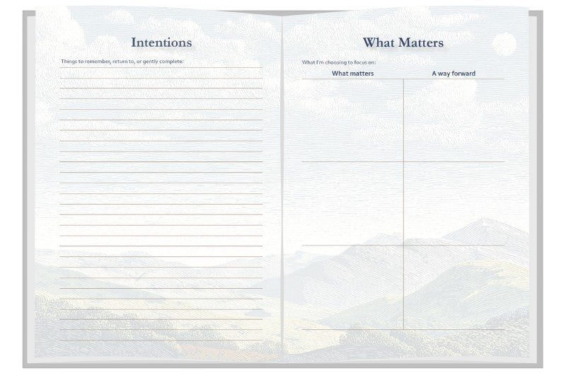 Sapphire Willow Soft Light journal pages with 'Intentions' and 'What Matters' sections, featuring a serene landscape background.